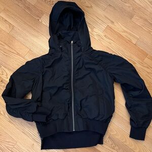 NWOT Athleta Jetset Bomber Zip-Up Jacket in black.